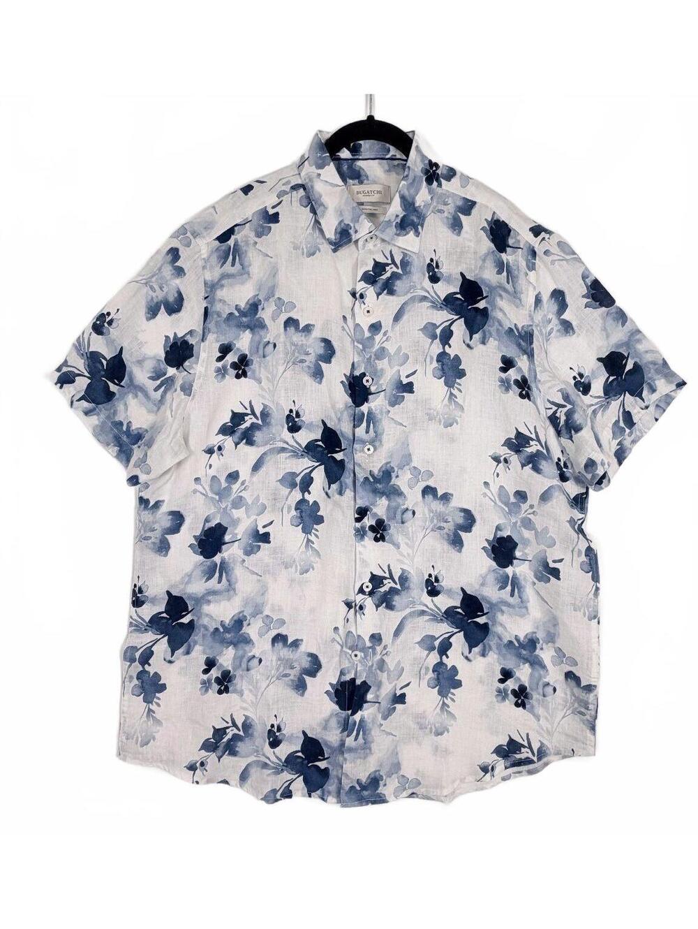 Bugatchi Blue White Floral Linen Short Sleeve Button Up Casual Shirt Men's Large